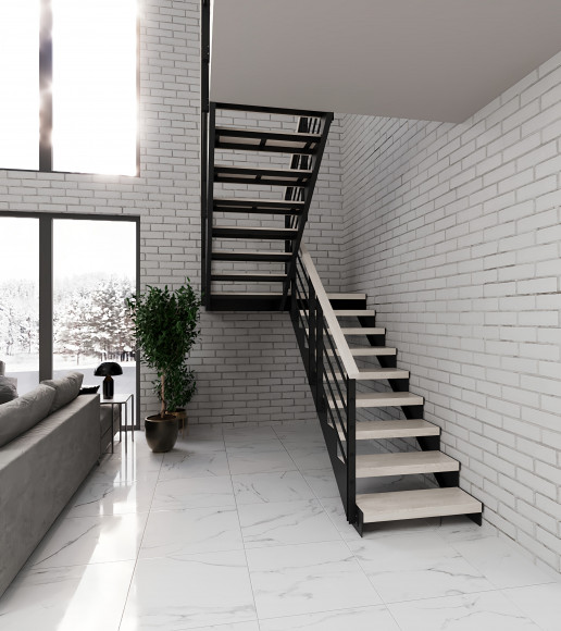 Лестница в дом на двух косоурах 15 прямых ступеней площадка 900*1900,разворот на 180 гр.Ширина 900мм. 