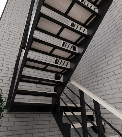 Лестница в дом на двух косоурах 15 прямых ступеней площадка 900*1900,разворот на 180 гр.Ширина 900мм. 