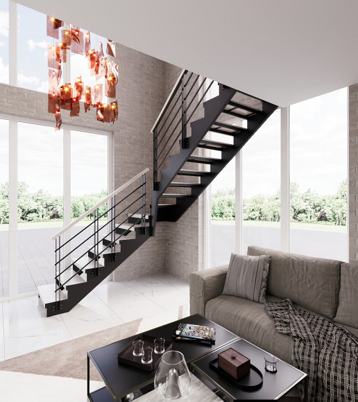 Лестница в дом 13 прямых и 3 забежные ступени ,поворот на 90 гр.Ширина 900 мм.