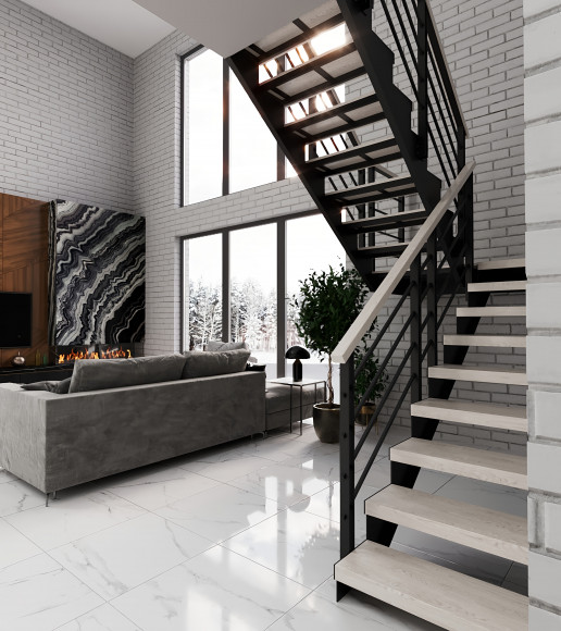 Лестница в дом на двух косоурах 15 прямых ступеней площадка 800*1700,разворот на 180 гр.Ширина 800мм.