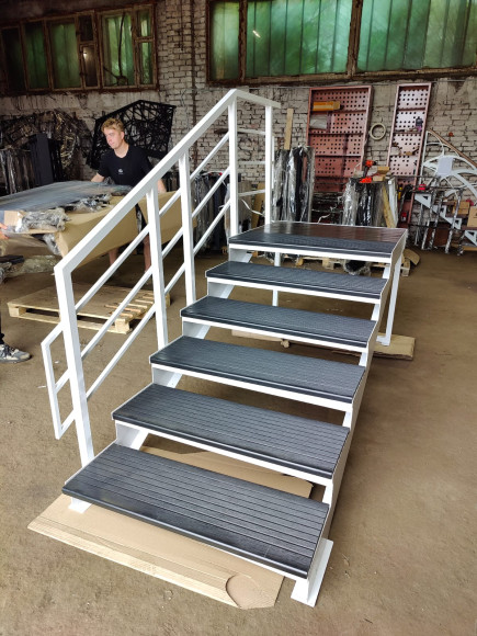 Лестница входная с ступенями ДПК , перила с одной стороны.Ширина 2 м. Высота 90 см. 6 ступеней с площадкой.