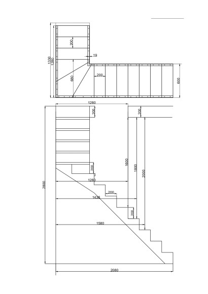 14 подъемов,10 ступеней прямых,3 забежных.Поворот на 90 градусов.Высота 2,8 м.Ширина 60 см.