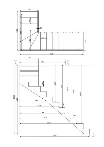 14 подъемов,10 ступеней прямых,3 забежных.Поворот на 90 градусов.Высота 2,8 м.Ширина 70 см.