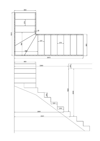 14 подъемов,10 ступеней прямых,3 забежных.Поворот на 90 градусов.Высота 2,8 м.Ширина 90 см. 