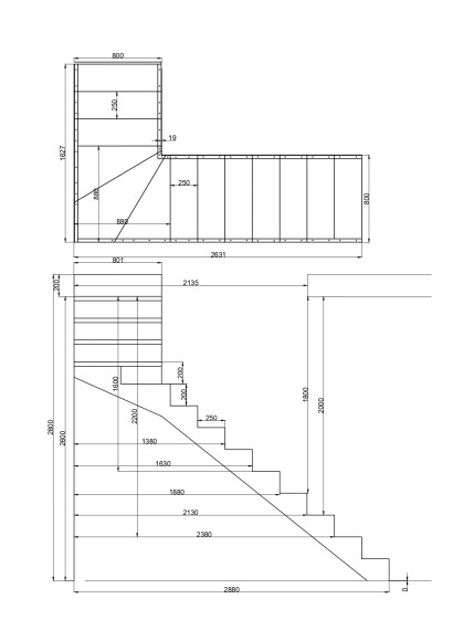14 подъемов,10 ступеней прямых,3 забежных.Поворот на 90 градусов.Пеила с одной стороны.Высота 2,8 м.Ширина 80 см. 